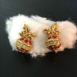 Avon Gold-Tone Pineapple Earrings with Red and Clear Stones
